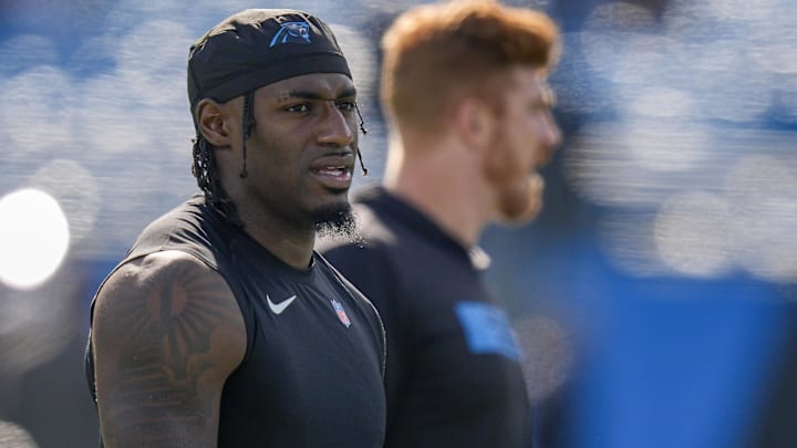 Carolina Panthers wide receiver Xavier Legette (17) and quarterback Andy Dalton (14) during pregame warmups against the Kansas City Chiefs at Bank of America Stadium.