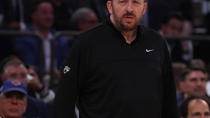 May 29, 2025; New York, New York, USA; New York Knicks head coach Tom Thibodeau looks on in the first quarter against the Indiana Pacers during game five of the eastern conference finals for the 2025 NBA Playoffs at Madison Square Garden. Mandatory Credit: Brad Penner-Imagn Images