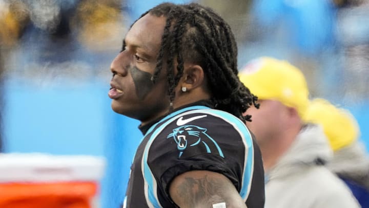Dec 18, 2022; Charlotte, North Carolina, USA;  Carolina Panthers cornerback Jaycee Horn (8) watches the offense in the final seconds during the second half against the Pittsburgh Steelers at Bank of America Stadium. Mandatory Credit: Jim Dedmon-Imagn Images