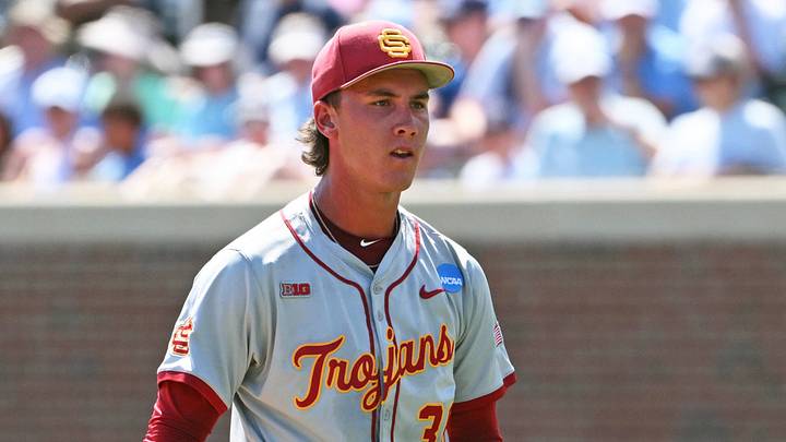 Jun 5, 2026; Chapel Hill, NC, USA;  USC Trojans pitcher Mason Edwards (30) reacts during the first inning after striking out the North Carolina Tar Heels at Boshamer Stadium. Mandatory Credit: Zachary Taft-Imagn Images