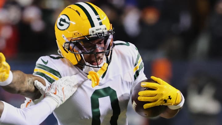 Green Bay Packers receiver Matthew Golden (0) runs with the ball against the Chicago Bears.