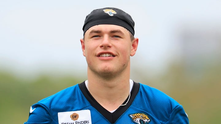 Jacksonville Jaguars tight end Nate Boerkircher (87) smiles during rookie minicamp at the Miller Electric Center, Saturday, May 9, 2026 in Jacksonville, Fla. Today was the second of a three day camp concluding Sunday.