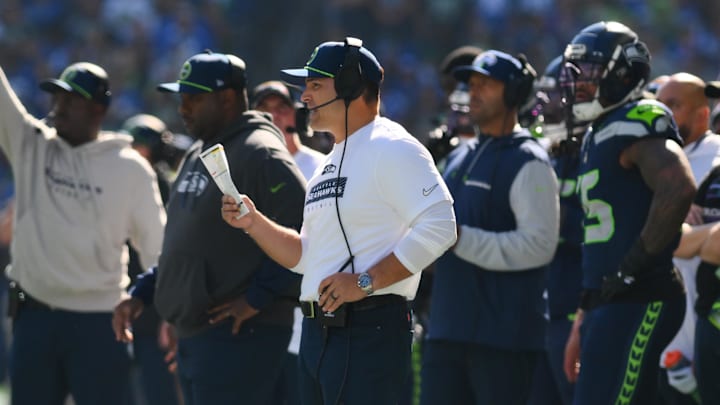 Oct 6, 2024; Seattle, Washington, USA; Seattle Seahawks head coach Mike Macdonald during the first half against the New York Giants at Lumen Field. Mandatory Credit: Steven Bisig-Imagn Images
