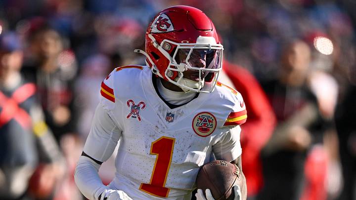 Dec 21, 2025; Nashville, Tennessee, USA;  Kansas City Chiefs wide receiver Xavier Worthy (1) runs with the ball after a made catch against the Tennessee Titans during the second half at Nissan Stadium. Mandatory Credit: Steve Roberts-Imagn Images
