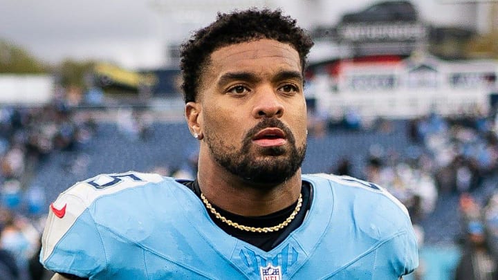 Tennessee Titans linebacker Dre'Mont Jones (45) exits the field after their loss to the Los Angeles Chargers at Nissan Stadium in Nashville, Tenn., Sunday, Nov. 2, 2025.