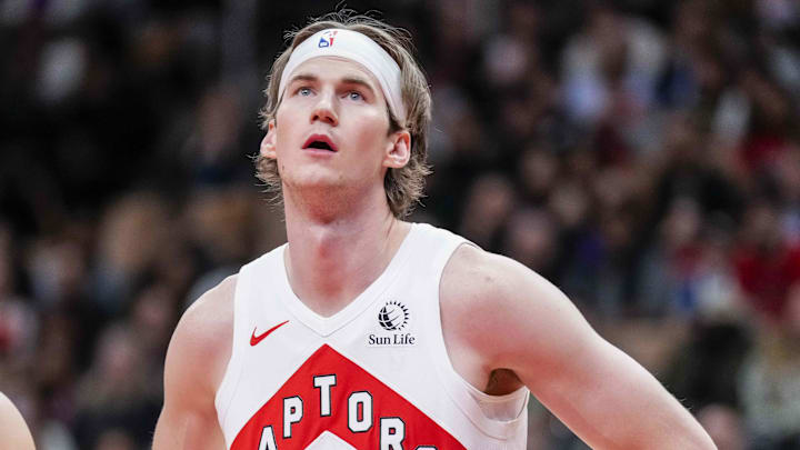 Oct 15, 2024; Toronto, Ontario, CAN; Toronto Raptors center Branden Carlson (35) looks on against the Boston Celtics at Scotiabank Arena. Mandatory Credit: Kevin Sousa-Imagn Images Oct 15, 2024; Toronto, Ontario, CAN; Toronto Raptors center Branden Carlson (35) looks on against the Boston Celtics at Scotiabank Arena. Mandatory Credit: Kevin Sousa-Imagn Images