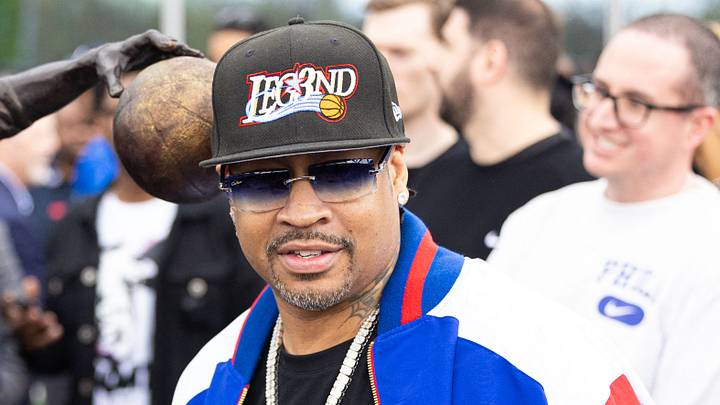 Apr 12, 2024; Camden, NJ, USA; Philadelphia 76ers great Allen Iverson during the unveiling of the statue honoring him in a ceremony at the Philadelphia 76ers Training Complex. Mandatory Credit: Bill Streicher-USA TODAY Sports Apr 12, 2024; Camden, NJ, USA; Philadelphia 76ers great Allen Iverson during the unveiling of the statue honoring him in a ceremony at the Philadelphia 76ers Training Complex. Mandatory Credit: Bill Streicher-USA TODAY Sports