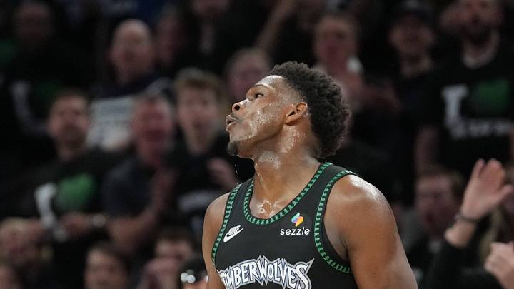 May 8, 2026; Minneapolis, Minnesota, USA; Minnesota Timberwolves guard Anthony Edwards (5) reacts to missing a shot against the San Antonio Spurs in the second half during game three of the second round of the 2026 NBA Playoffs at Target Center. Mandatory Credit: Jesse Johnson-Imagn Images May 8, 2026; Minneapolis, Minnesota, USA; Minnesota Timberwolves guard Anthony Edwards (5) reacts to missing a shot against the San Antonio Spurs in the second half during game three of the second round of the 2026 NBA Playoffs at Target Center. Mandatory Credit: Jesse Johnson-Imagn Images