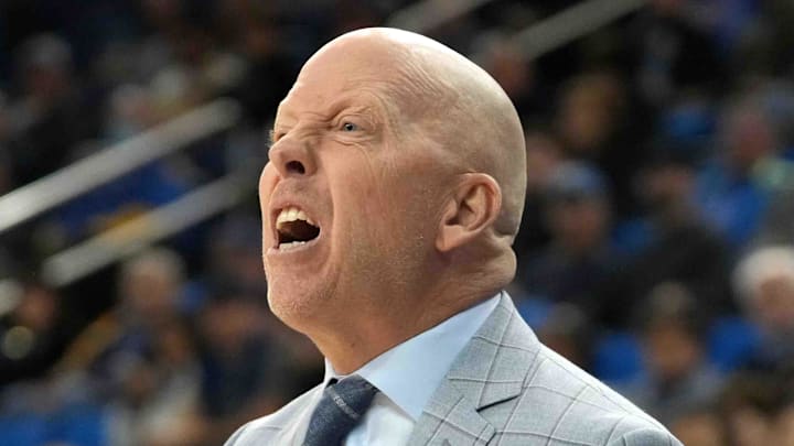 Dec 3, 2024; Los Angeles, California, USA; UCLA Bruins head coach Mick Cronin reacts in the first half against the Washington Huskies at Pauley Pavilion presented by Wescom. Mandatory Credit: Kirby Lee-Imagn Images