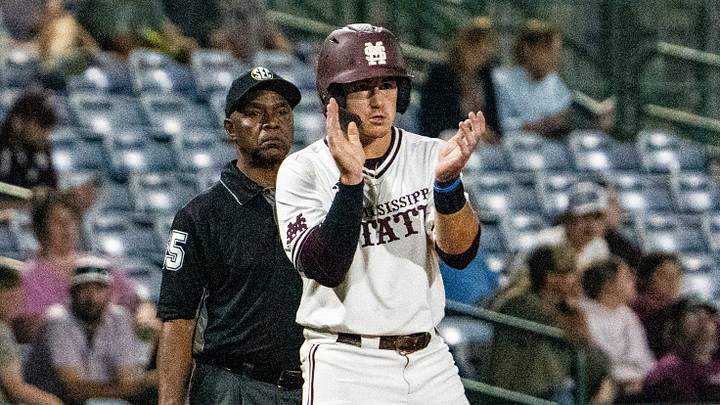 Mississippi State outfielder Aidan Teel (5) claps while standing on third base during a college baseball game between Mississippi State and Ole Miss at Trustmark Park in Pearl, Miss., on Tuesday, April 28, 2026. Mississippi State defeated Ole Miss in the Governor’s Cup 7-3.