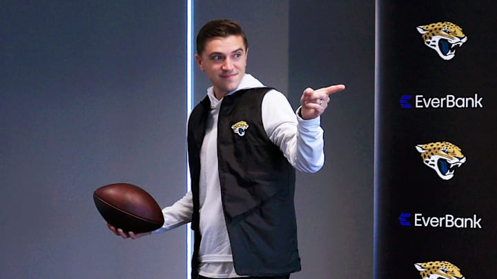 Jacksonville Jaguars general manager James Gladstone walks out after a press conference at the Miller Electric Center, Wednesday, Jan. 14, 2026, in Jacksonville, Fla. Jacksonville Jaguars general manager James Gladstone walks out after a press conference at the Miller Electric Center, Wednesday, Jan. 14, 2026, in Jacksonville, Fla.