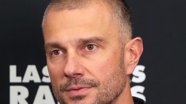 Feb 25, 2025; Indianapolis, IN, USA; Las Vegas Raiders general manager John Spytek on radio row during the NFL Scouting Combine at the Indiana Convention Center. Mandatory Credit: Kirby Lee-Imagn Images