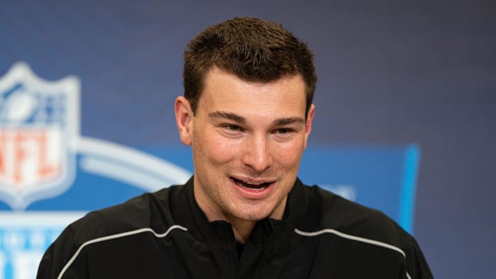 Feb 27, 2026; Indianapolis, IN, USA; Indiana quarterback Fernando Mendoza (QB11) speaks to members of the media during the NFL Combine at the Indiana Convention Center. Mandatory Credit: Jacob Musselman-Imagn Images