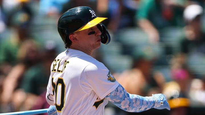 Jun 21, 2026; West Sacramento, California, USA; Athletics second baseman Zack Gelof (20) hits a double during the fourth inning against the Los Angeles Angels at Sutter Health Park. Mandatory Credit: Scott Marshall-Imagn Images Jun 21, 2026; West Sacramento, California, USA; Athletics second baseman Zack Gelof (20) hits a double during the fourth inning against the Los Angeles Angels at Sutter Health Park. Mandatory Credit: Scott Marshall-Imagn Images