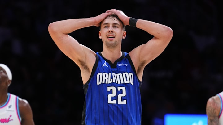Franz Wagner of the Orlando Magic reacts during overtime against the Miami Heat on January 27, 2025 in Miami, Florida.