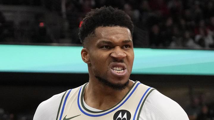 Dec 27, 2025; Chicago, Illinois, USA; Milwaukee Bucks forward Giannis Antetokounmpo (34) reacts after scoring against the Chicago Bulls during the second half at United Center. Mandatory Credit: David Banks-Imagn Images Dec 27, 2025; Chicago, Illinois, USA; Milwaukee Bucks forward Giannis Antetokounmpo (34) reacts after scoring against the Chicago Bulls during the second half at United Center. Mandatory Credit: David Banks-Imagn Images