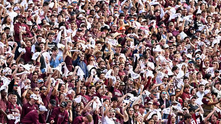 Dec 20, 2025; College Station, TX, USA; A view of the fans and the CFP first round logo during the game between the Aggies and the Hurricanes at Kyle Field. Mandatory Credit: Jerome Miron-Imagn Images