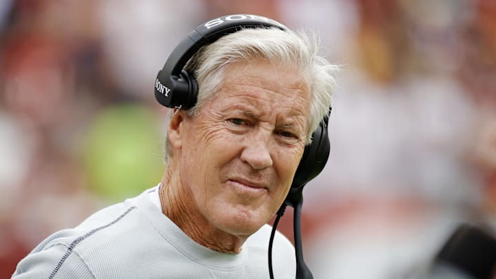 Sep 21, 2025; Landover, Maryland, USA; The Las Vegas Raiders head coach Pete Carroll looks on from the sidelines during the first half against the Washington Commanders at Northwest Stadium. Mandatory Credit: Amber Searls-Imagn Images