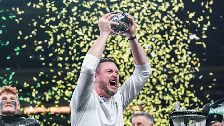 Oregon Ducks head coach Dan Lanning celebrates Saturday, Dec. 7, 2024, during the Big Ten Championship game between the Oregon Ducks and the Penn State Nittany Lions at Lucas Oil Stadium in Indianapolis. The Ducks defeated the Nittany Lions, 45-37.