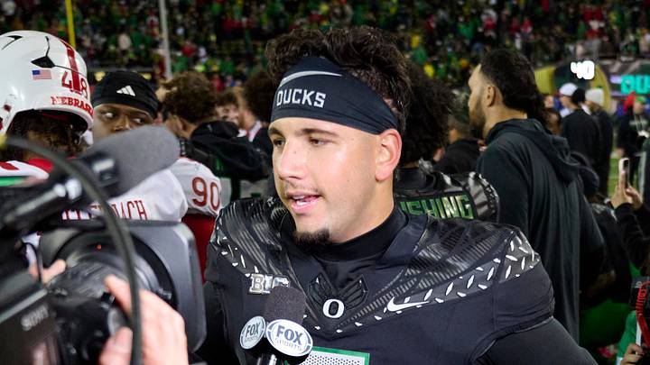 Oct 17, 2026; Eugene, Oregon, USA; Oregon Ducks quarterback Dylan Raiola (8) gives an interview after a game against the Nebraska Cornhuskers at Autzen Stadium. Mandatory Credit: Troy Wayrynen-Imagn Images Oct 17, 2026; Eugene, Oregon, USA; Oregon Ducks quarterback Dylan Raiola (8) gives an interview after a game against the Nebraska Cornhuskers at Autzen Stadium. Mandatory Credit: Troy Wayrynen-Imagn Images