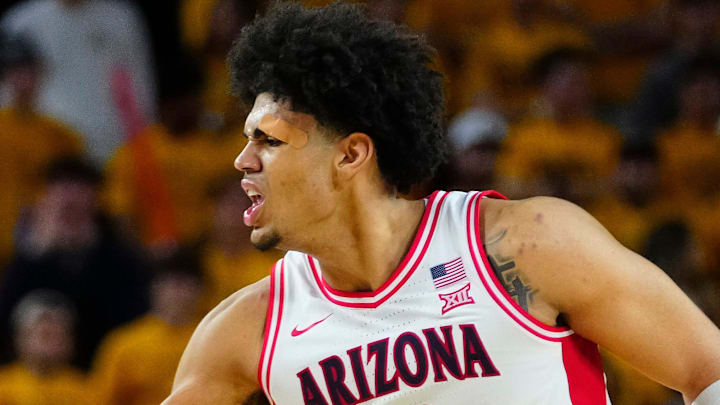 Arizona forward Koa Peat (10) celebrates with guard Jaden Bradley (0) during a game against Arizona State at Desert Financial Arena in Tempe, on Jan. 31, 2026. Arizona forward Koa Peat (10) celebrates with guard Jaden Bradley (0) during a game against Arizona State at Desert Financial Arena in Tempe, on Jan. 31, 2026.