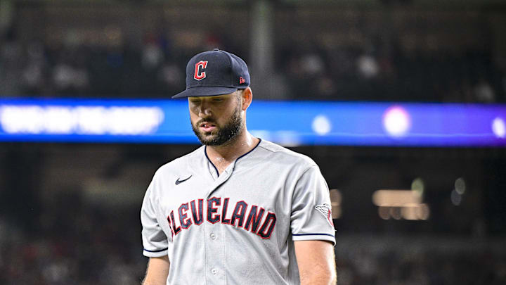 Jul 14, 2023; Arlington, Texas, USA; Cleveland Guardians relief pitcher Sam Hentges (31) leaves the game against the Texas Rangers during the seventh inning at Globe Life Field. Mandatory Credit: Jerome Miron-Imagn Images