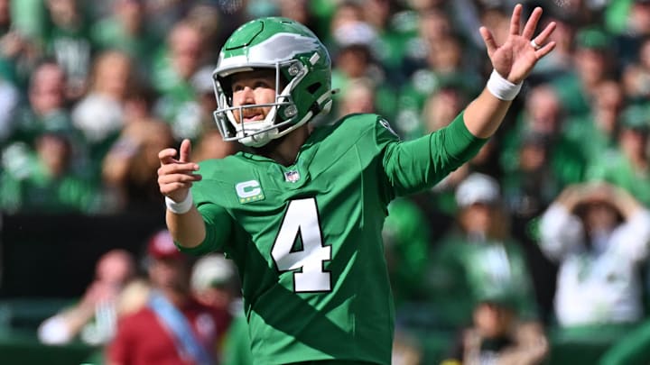 Philadelphia Eagles kicker Jake Elliott (4) kicks a field goal with punter Braden Mann (10) against the New York Giants at Lincoln Financial Field.