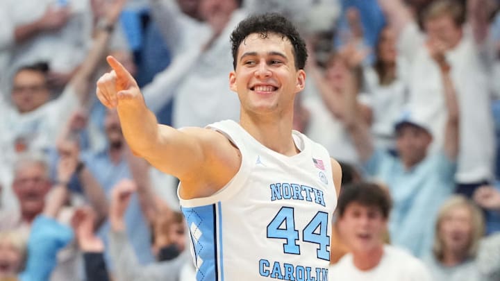 Nov 7, 2025; Chapel Hill, North Carolina, USA; North Carolina Tar Heels guard Luka Bogavac (44) reacts after hitting a three point shot in the second half at Dean E. Smith Center. Nov 7, 2025; Chapel Hill, North Carolina, USA; North Carolina Tar Heels guard Luka Bogavac (44) reacts after hitting a three point shot in the second half at Dean E. Smith Center.