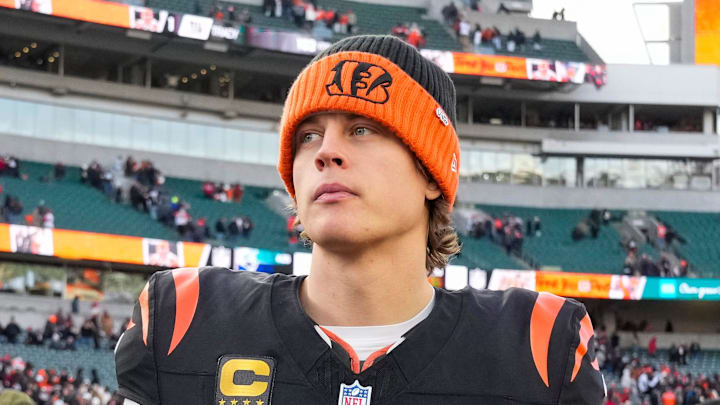 Cincinnati Bengals quarterback Joe Burrow (9) looks for hands to shake after the fourth quarter of the NFL Week 18 game between the Cincinnati Bengals and the Cleveland Browns at Paycor Stadium in Downtown Cincinnati on Sunday, Jan. 4, 2026. The Browns kicked a last second field goal to win 20-18.
