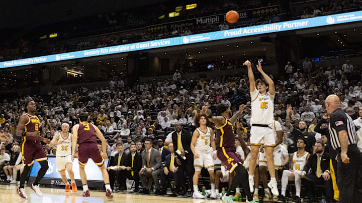 Nov 12, 2025; Columbia, Missouri, USA; Missouri Tigers forward Luke Northweather (45) makes a wide-open corner three against the Minnesota Golden Gophers at Mizzou Arena. Nov 12, 2025; Columbia, Missouri, USA; Missouri Tigers forward Luke Northweather (45) makes a wide-open corner three against the Minnesota Golden Gophers at Mizzou Arena.
