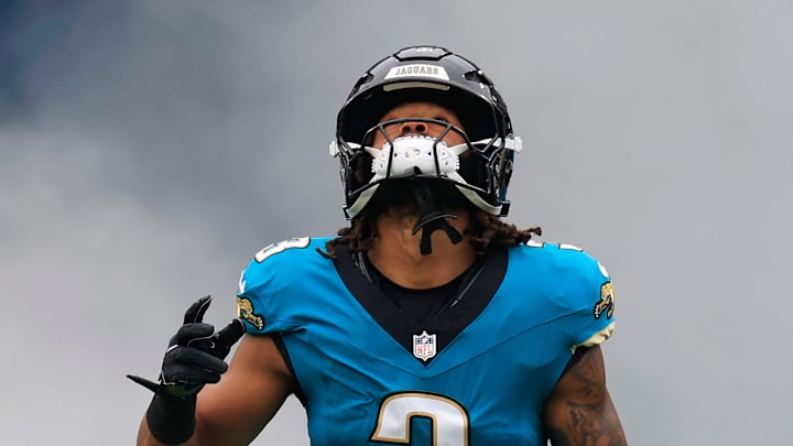 Jacksonville Jaguars wide receiver Jakobi Meyers (3) runs on the field before an NFL football matchup at EverBank Stadium, Sunday, Jan. 4, 2026, in Jacksonville, Fla. The Jaguars defeated the Titans 41-7, capturing the AFC South title. 