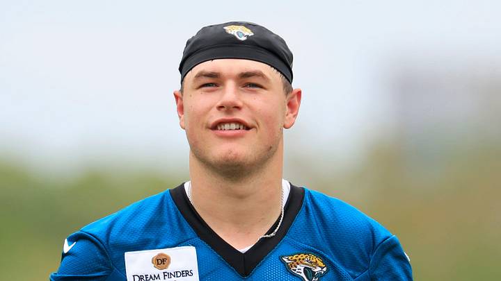 Jacksonville Jaguars tight end Nate Boerkircher (87) smiles during rookie minicamp at the Miller Electric Center, Saturday, May 9, 2026 in Jacksonville, Fla. Today was the second of a three day camp concluding Sunday.