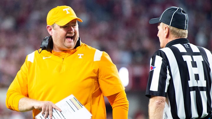 Tennessee Football Coach Josh Heupel yells at an official during a football game between the Tennessee Volunteers and the Alabama Crimson Tide at Bryant-Denny Stadium in Tuscaloosa, Ala., on Saturday, Oct. 23, 2021.

Kns Tennessee Alabama Football Bp