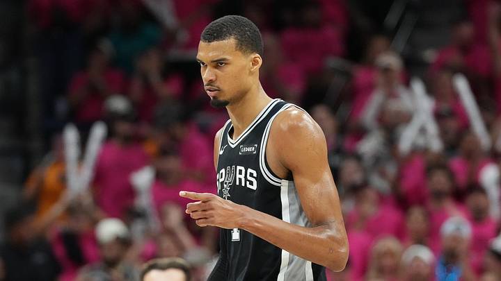 May 22, 2026; San Antonio, Texas, USA; San Antonio Spurs forward Victor Wembanyama (1) reacts in the second half during game three of the western conference finals for the 2026 NBA playoffs at Frost Bank Center. Mandatory Credit: Scott Wachter-Imagn Images