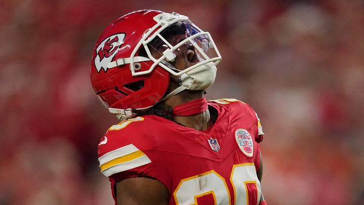 Sep 14, 2026; Kansas City, Missouri, USA;  Kansas City Chiefs defensive back Nohl Williams (20) reacts against the Denver Broncos in the first half at GEHA Field at Arrowhead Stadium.  Mandatory Credit: Jay Biggerstaff-Imagn Images