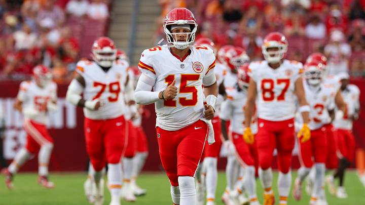 Aug 22, 2026; Tampa, Florida, USA; Kansas City Chiefs quarterback Patrick Mahomes (15) leads the team onto the field before a preseason game against the Tampa Bay Buccaneers at Raymond James Stadium. Mandatory Credit: Nathan Ray Seebeck-Imagn Images