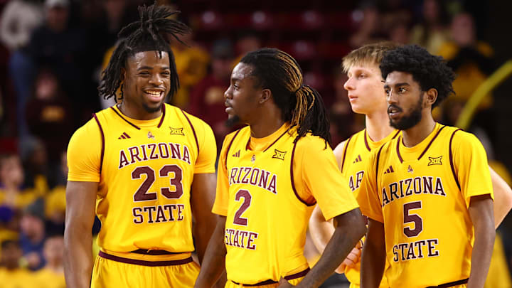 Jan 24, 2026; Tempe, Arizona, USA; Arizona State Sun Devils forward Allen Mukeba (23), guard Anthony Johnson (2) and guard Maurice Odum (5) against the Cincinnati Bearcats at Desert Financial Arena. Mandatory Credit: Mark J. Rebilas-Imagn Images