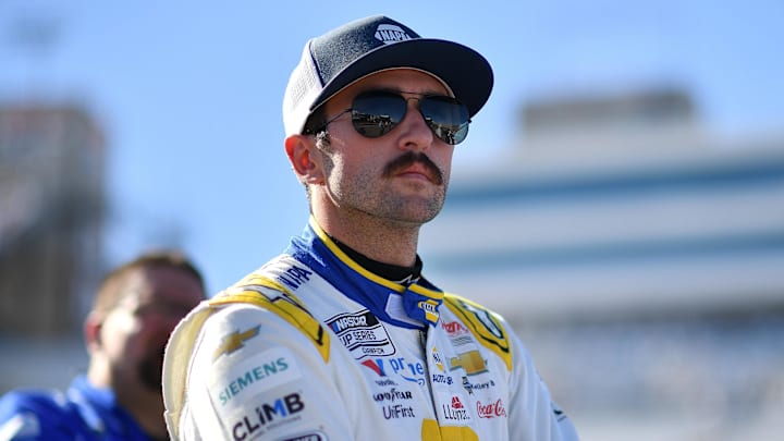 Oct 11, 2025; Las Vegas, Nevada, USA; Chase Elliott is one of four NASCAR Cup Series Playoff contenders below the cutline heading into Sunday's South Point 400. Can he work his way into the Championship 4?