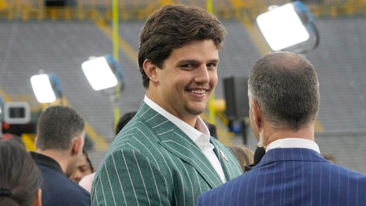 NFL draft prospect, Will Campbell of LSU, during the NFL Draft Red Carpet event at Lambeau Field in Green Bay on Thursday, April 24, 2025.