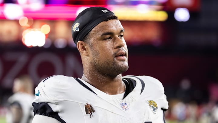 Nov 23, 2025; Glendale, Arizona, USA; Jacksonville Jaguars defensive tackle Arik Armstead (91) against the Arizona Cardinals at State Farm Stadium. Mandatory Credit: Mark J. Rebilas-Imagn Images