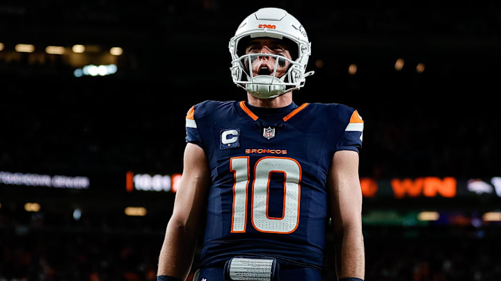 Dec 2, 2024; Denver, Colorado, USA; Denver Broncos quarterback Bo Nix (10) reacts after a play in the third quarter against the Cleveland Browns at Empower Field at Mile High. Dec 2, 2024; Denver, Colorado, USA; Denver Broncos quarterback Bo Nix (10) reacts after a play in the third quarter against the Cleveland Browns at Empower Field at Mile High.