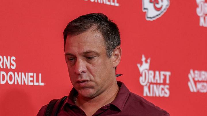 Aug 15, 2026; Kansas City, Missouri, USA; Kansas City Chiefs general manager Brett Veach enters the stadium prior to the pre season game against the Los Angeles Rams at Arrowhead Stadium. Mandatory Credit: Denny Medley-Imagn Images
