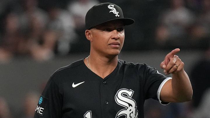 Jul 20, 2026; Arlington, Texas, USA;  Chicago White Sox manager Will Venable (1) points towards the dugout to make a line-up change during the seventh inning against the Texas Rangers at Globe Life Field. Mandatory Credit: Raymond Carlin III-Imagn Images