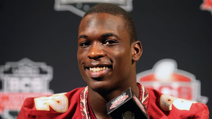 Jan 4, 2014; Newport Beach, CA, USA; Florida State Seminoles linebacker Telvin Smith (22) smiles as he answers questions during Media Day at Newport Beach Marriott. Mandatory Credit: Matthew Emmons-Imagn Images