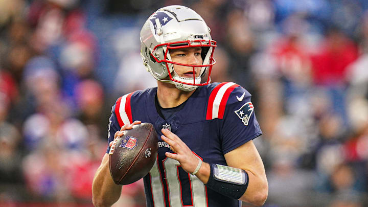 Dec 28, 2024; Foxborough, Massachusetts, USA; New England Patriots quarterback Drake Maye (10) looks to pass the ball against the Los Angeles Chargers in the second half at Gillette Stadium. Mandatory Credit: David Butler II-Imagn Images
