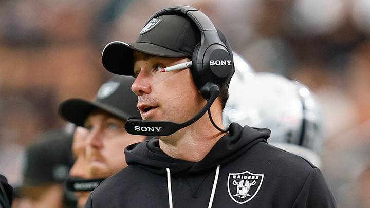 Sep 13, 2026; Paradise, Nevada, USA; Las Vegas Raiders head coach Klint Kubiak watches from the sideline during the game against the Miami Dolphins at Allegiant Stadium. Mandatory Credit: David Brytus-Imagn Images.