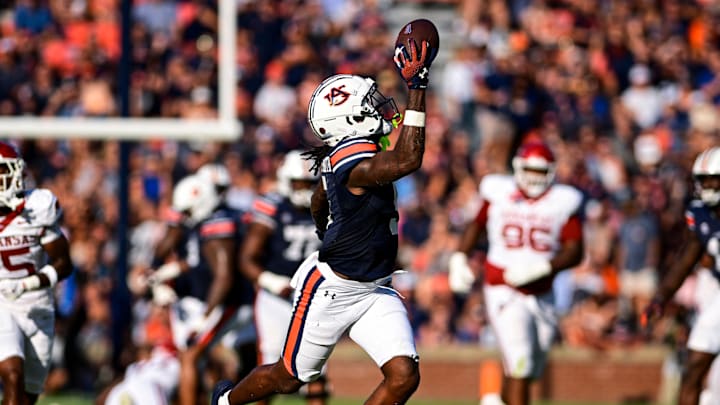 Auburn Tigers wide receiver KeAndre Lambert-Smith brings in a one-handed catch against the Arkansas Razorbacks.