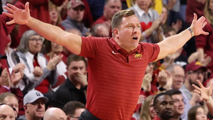 Feb 14, 2026; Ames, Iowa, USA; Iowa State Cyclones head coach T.J. Otzelberger watchers his team play the Kansas Jayhawks during the second half at James H. Hilton Coliseum.