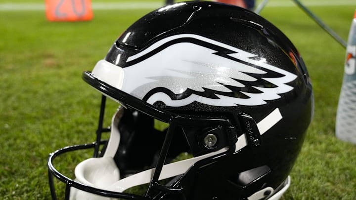 Nov 10, 2025; Green Bay, Wisconsin, USA;  General view of an Philadelphia Eagles helmet during the game against the Green Bay Packers at Lambeau Field. 