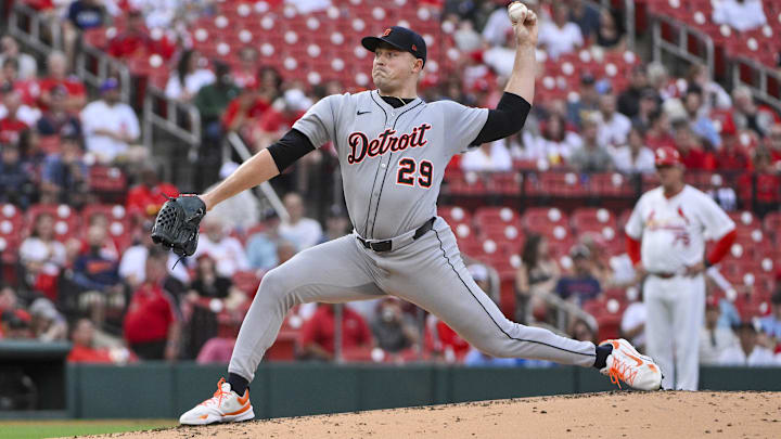 May 20, 2025; St. Louis, Missouri, USA;  Detroit Tigers starting pitcher Tarik Skubal (29) pitches against the St. Louis Cardinals during the first inning at Busch Stadium.